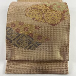 袋帯 美品 名品 落款 河村織物 動物 花唐草 箔 ベージュ お太鼓柄 正絹 【中古】