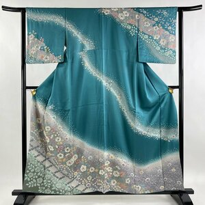 訪問着 身丈158cm 裄丈62.5cm S 袷 草花 斜め格子 金彩 絞り 青緑 正絹 秀品 【中古】