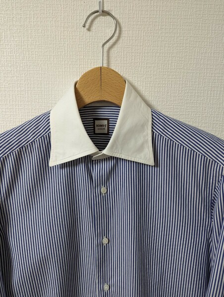 美品　BEAMS F　ビームスエフ　シャツ　ドレスシャツ　38　クレリック　ダブルカフス　ブルー　ストライプ　日本製