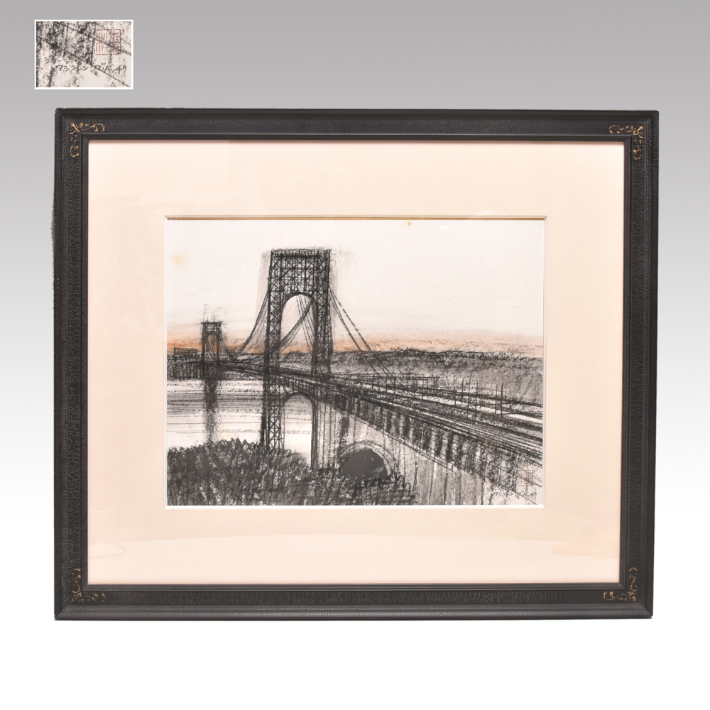 [Authentic] Reiji Hiramatsu, Conte on colored paper, Watercolor Washington Bridge F6 size, signed and sealed, framed, landscape painting, y2493, Artwork, Painting, Pastel drawing, Crayon drawing