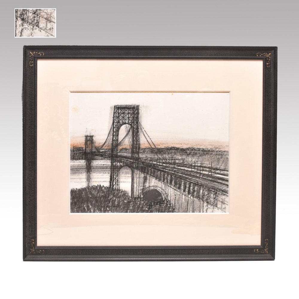 [Auténtico] Reiji Hiramatsu, Conte sobre papel de colores, Acuarela Puente de Washington tamaño F6, firmado y sellado, enmarcado, pintura de paisaje, y2493, Obra de arte, Cuadro, dibujo al pastel, Dibujo con crayón