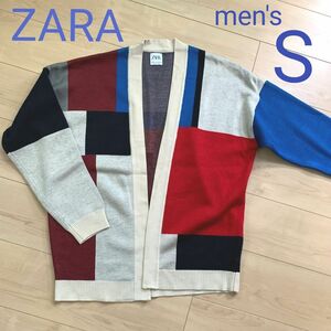 ZARA　men's　S　 ニットカーディガン　マルチカラー　鮮やかカーディガン　ブロック柄アウター　ユニセックス　