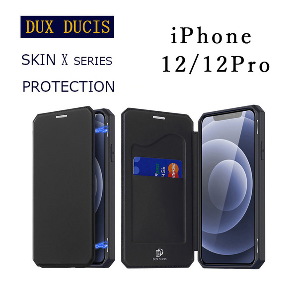 iPhone 12/12Pro ケース ブラック 手帳 PUレザー カード収納 スタンド機能 耐水 指紋防止 耐衝撃 スキンX プロテクション ワイヤレス充電