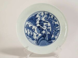 【5858】江戸時代　藍九谷　花鳥図　染付　皿（初品・買取品）