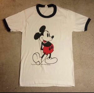 最終値下げ ディズニー ミッキー Disney Mickey Mouse リンガーTシャツ 染み込みプリント M程 ビンテージ 白 ホワイト