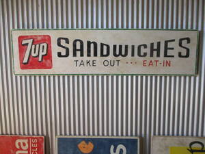 ビンテージサイン木製看板 7UP検）SANDWICHESアドバタイジング企業販促ガレージPEPSIDr.PepperカフェシャビーアンティークUSA50S60S70S