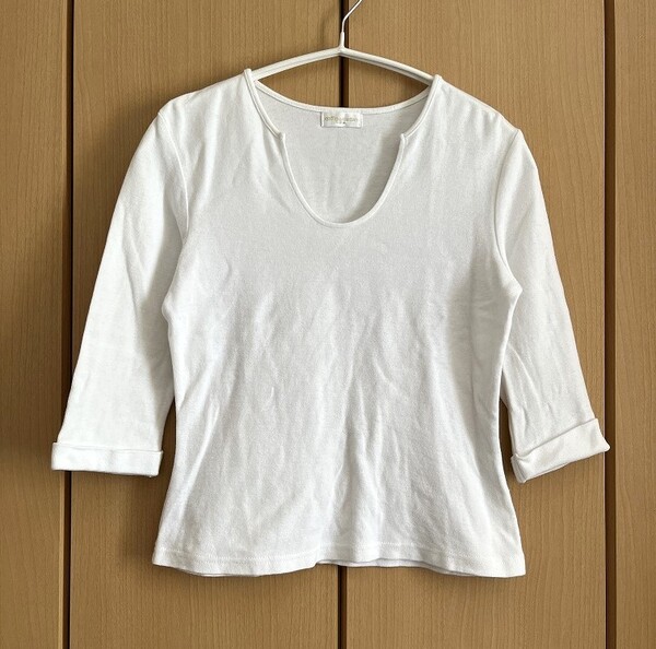 ☆【OTTO collection】カットソー Vネック 5分袖 袖折り返し 白 シンプル レディース Mサイズ☆