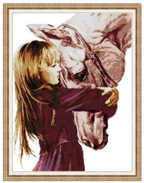 クロスステッチキット 白馬と少女 14CT 36×46cm 図案印刷あり 刺繍