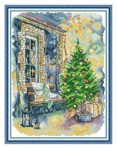 クロスステッチキット クリスマスツリー(窓辺) 14CT 図案印刷あり 29×36cm 刺繍