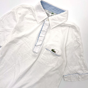 レア!!ビンテージ!! 70s 80s◆CHEMISE LACOSTE ラコステ リネン混 切り替え チェック 文字ワニ 半袖 ポロシャツ 3/薄手/ホワイト/メンズ