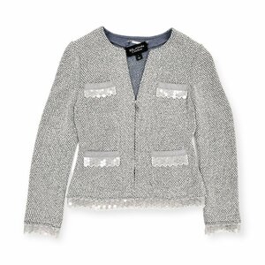 USA製◆ST.JOHN Couture セントジョン ジャガードニット ノーカラー ジップアップ ジャケット サイズ 4 / スパンコール レース