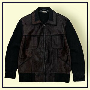 スペイン製 TORRAS トーラス 毛皮 切替 編み込み ジップアップ ニットジャケット ワーク riri zip 50/パッチワーク 男女でも ビンテージ