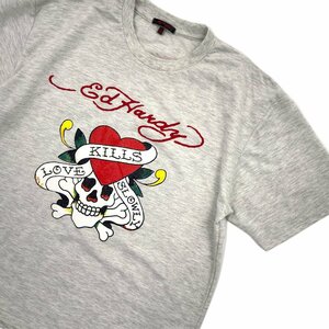 Ed Hardy エドハーディー スカルプリント 半袖 Tシャツ カットソー オーバーサイズ ガイコツ LL/メンズ/グレー