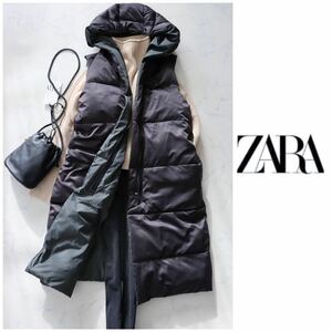 ZARA ザラ 未使用タグ付 リバーシブル ロングベスト 中綿 ダウン風 羽織り ジャケット アウター ジレ 黒×カーキ 秋冬 Sサイズ