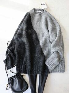 ZARA ザラ 大人素敵　コントラスト ニット トップス 配色 セーター グレー×ブラック 秋冬 未使用タグ付 Lサイズ