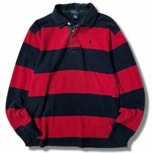 《良品◎》POLO RALPH LAUREN ポロラルフローレン★ワンポイント*太ボーダー*長袖ポロシャツ*ラグビーシャツ*レッド/ネイビー(MA5388)◆S60