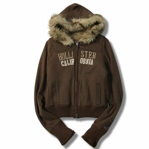 《良品◎》HOLLISTER ホリスター★内ボア*ビッグロゴデザイン*フーデットジップアップパーカー*ブラウン*サイズS(LW1255)◆S80