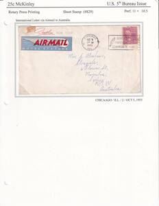 米国　＃８２９　大統領２５ｃ　適正1枚貼オーストラリア宛航空便書状