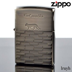 キャットウォーク ネコ好き ZIPPO 猫 シルバー アンティーク 定番 おしゃれ レギュラー 音が良い アウトドア 風防付 MADE IN USA 永久保証