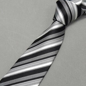 西陣織　モーニング用ネクタイ　黒×白×銀　ストライプ　シルク100％　日本製　礼装　結婚式・披露宴　メール便可　njm02