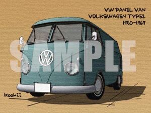 フォルクスワーゲン タイプ2 VOLKSWAGEN TYPE2 DELIVERYVAN オリジナル手描き風イラスト（旧車、VW、ワーゲンバス、パネルバン）TYPE2-PV12