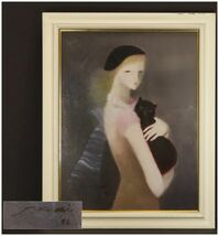 I11402【本物保証】 黒木 トモ子 P15号 油絵 『猫と少女』1983年_画像1