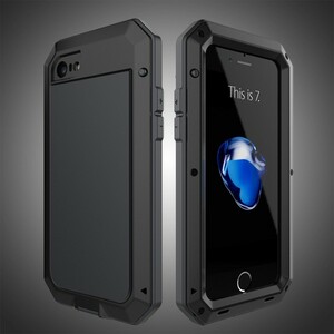 iPhone SE 第3/2世代/8/7 強化(ゴリラ)ガラス付/耐衝撃/IP54防水/アルミケース/ブラック/黒/防塵/ストラップホール有/指紋認証