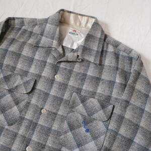 50s60s【 GREEN CO Yokosuka 】ビンテージ ウール オープンカラー 長袖シャツ / グレー チャコール ブルー 灰系 / 開襟 ループ 古着