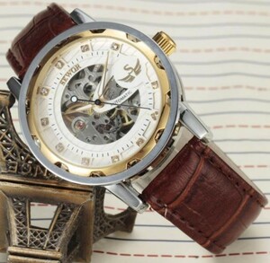 1円 注目価格 メンズ スケルトン 腕時計 手巻き式 海外 革 ベルト レザー ビジネス シルバー×ゴールド×ブラウン1
