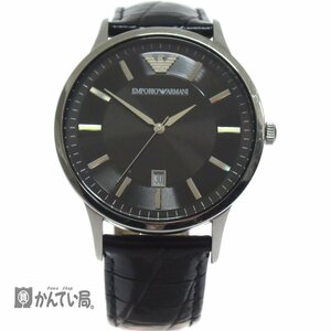 EMPOLIO ARMANI エンポリオ アルマーニ AR-2411 クオーツ時計 デイト ラウンド スリム レザーベルト 黒文字盤 SS 円形 メンズ 腕時計