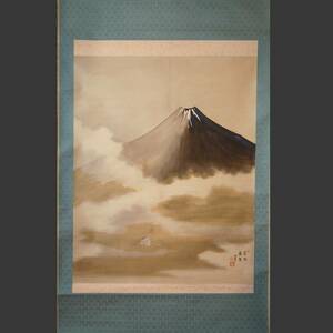 作者不明 ◆ 掛軸 大作 199×101cm 山水画 富士山 鳥 絵画 日本画 古美術 38-11