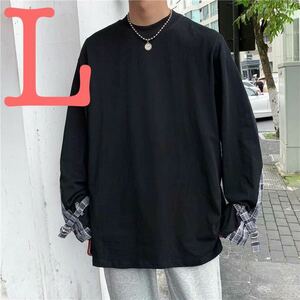 ロングTシャツ チェック トップス ロンT ビッグシルエット Tシャツ メンズ レディース 長袖 原宿系 韓国系 黒 ブラック L