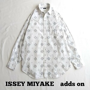 80s ISSEY MIYAKE　odds on　総柄 刺繍 長袖シャツ　レディース　サイズ M　ビンテージ　日本製　イッセイミヤケ　白シャツ　コットン　a10