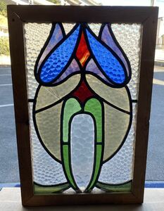 1920年代英国製 イギリス アンティーク ステンドグラス 木枠 蓮の花 花草柄 ビンテージ