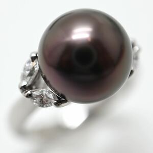 《Pt900 天然ダイヤモンド/南洋黒蝶真珠リング》N 6.8g 9.5号 0.19ct diamond ring pearl 指輪 jewelry ジュエリー EB6/EB8