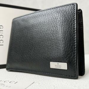 【人気モデル】 GUCCI グッチ 二つ折財布 ロゴプレート レザー 本革 ブラック ２つ折り サイフ メンズ シルバー金具