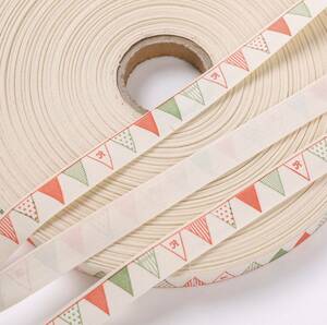 クリスマス風　綿テープ　スタンプ　タグ　リボン　幅1.5cx10m巻 　 DIY　手芸材料　生成りNo.8