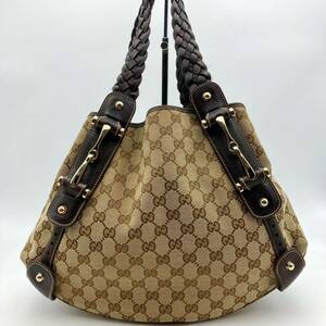 1円 ■美品■ GUCCI グッチ トートバッグ ハンドバッグ GGキャンバス ホースビット レザー ブラウン 162900 編み込み レディース 肩掛け