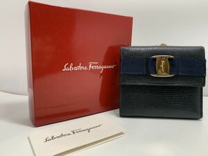 1円～ Salvatore Ferragamo フェラガモ 22-3058 ヴァラリボン 三つ折り財布 二つ折り財布 がま口 小銭入れ ウォレット 黒 ブラック 箱付き