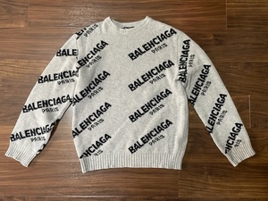 国内正規品 グレー Mサイズ BALENCIAGA ALLOVER LOGO CREWNECK KNIT バレンシアガ オールオーバー ロゴ ジャガード クルーネック ニット 