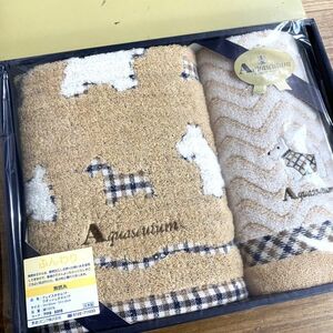 新品 未使用 Aquascutum アクアスキュータム タオル 2枚セット フェイスタオル ウォッシュタオル 綿100％ ブラウン 犬 ギフト かわいい