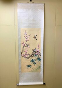 411/掛け軸 花鳥図 中国 梅鶯 北彩 縁起物 中国画 唐画 蔵出し 古美術