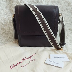 1円 美品 サルヴァトーレ フェラガモ Salvatore Ferragamo ショルダーバッグ メッセンジャー バッグ 斜め掛け レザー キャンバス ブラウン