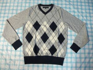 トミーヒルフィガー　ウール100％Vネックセーター　グレー紺　S　美品