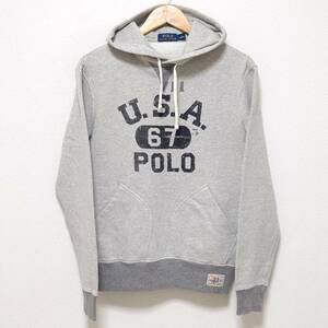 【POLO Ralph Lauren】ポロ ラルフローレン 3段 カレッジ プリント 前V スウェット パーカー ヴィンテージ グレー 灰色 メンズ S /174j