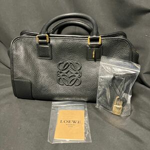 美品 ロエベ LOEWE レザー ハンドバッグ アマソナ28 ゴールド金具 南京錠 付き シボ革 アナグラム ミニボストンバッグ 黒 ブラック 