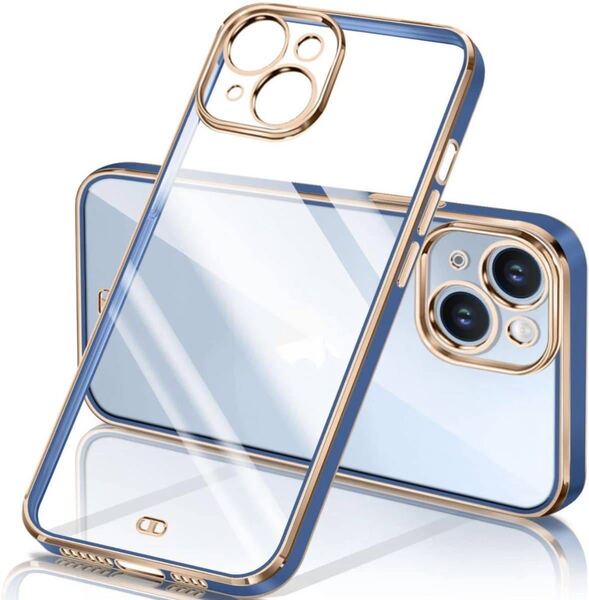 iPhone14 ケース クリア 透明 アイフォン14 カバー メッキ加工 耐衝撃 TPU ソフト ストラップホール付き 落下防止 ワイヤレス充電(ブルー)