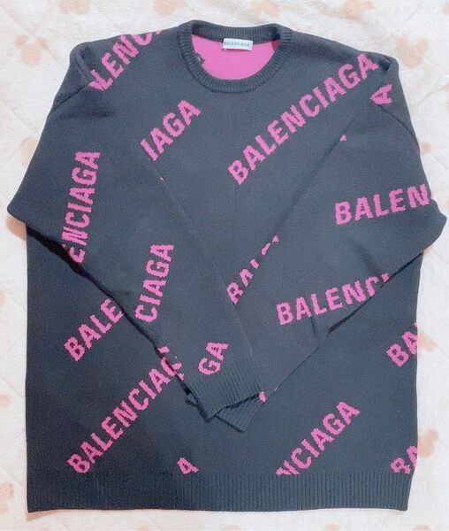 BALENCIAGA バレンシアガ ニット セーター 黒 ブラック ピンク ロゴ