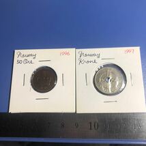 ノルウェー王国　50オーレ白銅貨　1977年、5クローナ白銅貨　1964年、1975年、50オーレ青銅貨　1996年　1クローネ白銅貨　1997年　計5枚_画像7