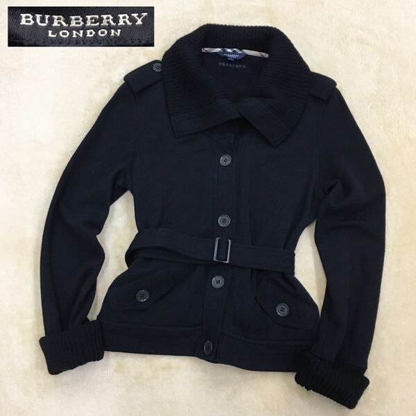 BURBERRY バーバリー ロンドン ニット スウェット ジャケット ベルテッド コットン ウールブレンド チェック装飾 レディース サイズ2 黒